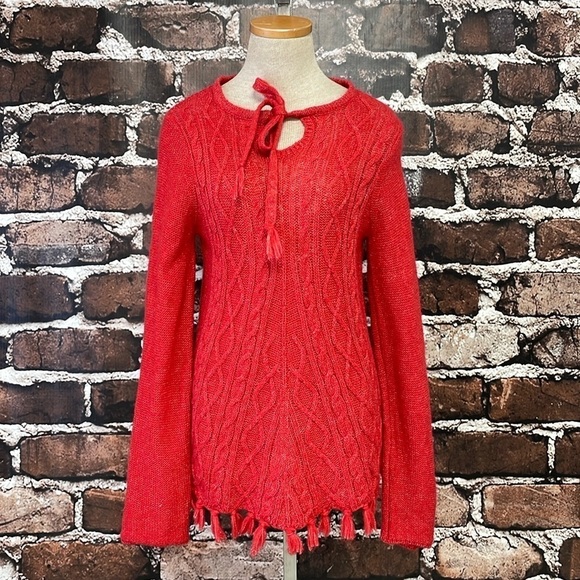 Prana Sweater Women's S Small Red Cable Knit Pullover Long Sleeve Tassles - Picture 5 of 14